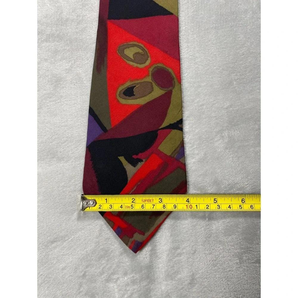 Vintage Pierre Cardin Tie Men's One Size Red Olive Abstract Geometric Silk USA